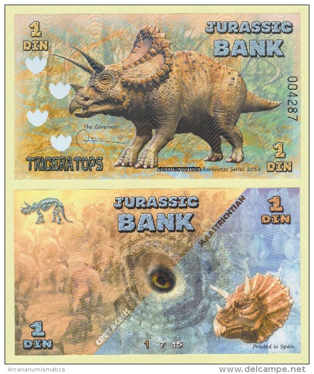 JURASSIC  BANK   1  DIN  TRICERATOPS   2.015  SC/UNC/PLANCHA   T-DL-11.270 - Fiktive & Specimen