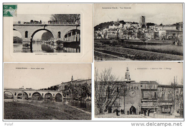 SOMMIERES - 4 CPA - Pont Romain (Attelage) L ' Hotel De Ville (Horloge) Pont - Vue Générale  ... (85905) - Sommières