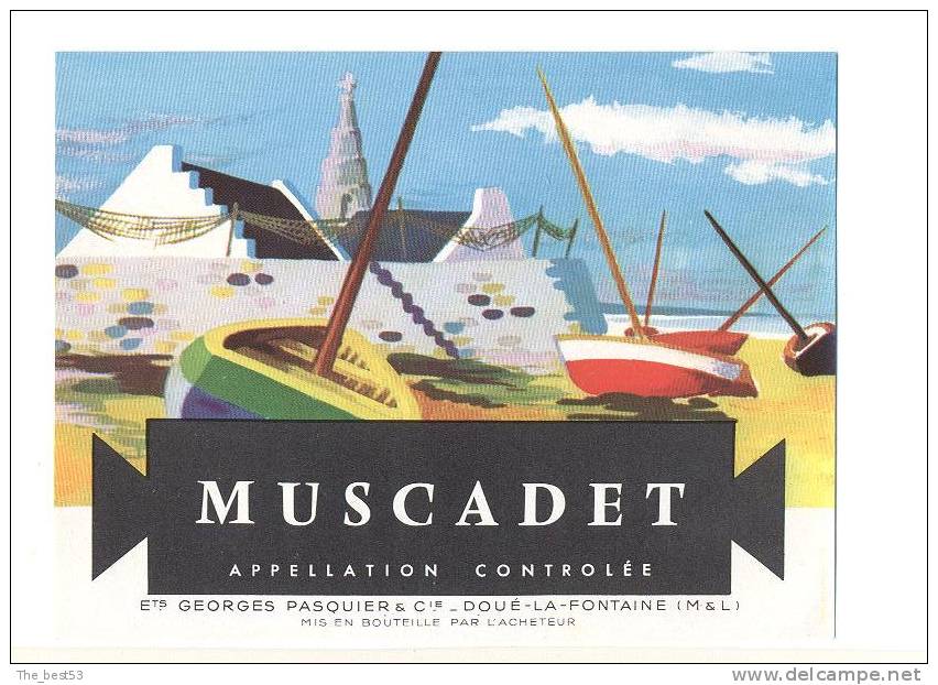 Etiquettes  De  Vin  Muscadet -  Ets Georges Pasquier à Doué La Fontaine (49) - THème Port Bateau - Sailboats & Sailing Vessels