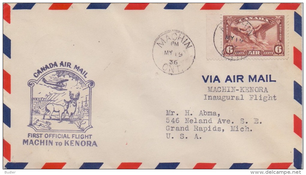 CANADA :1936: Travelled First Official Flight From MACHIN To KENORA :  DEER,REINDEER,ROE DEER,ANTLER CARRIER, - Premiers Vols