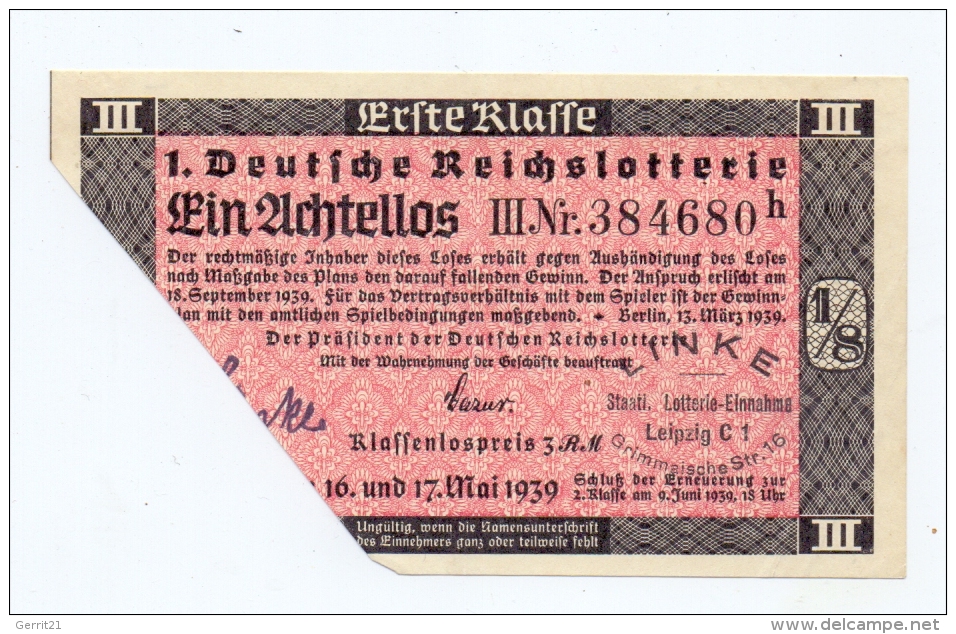 LOTTERIE - 1.Deutsche Reichslotterie 1939, 1 Achtellos - Lotterielose