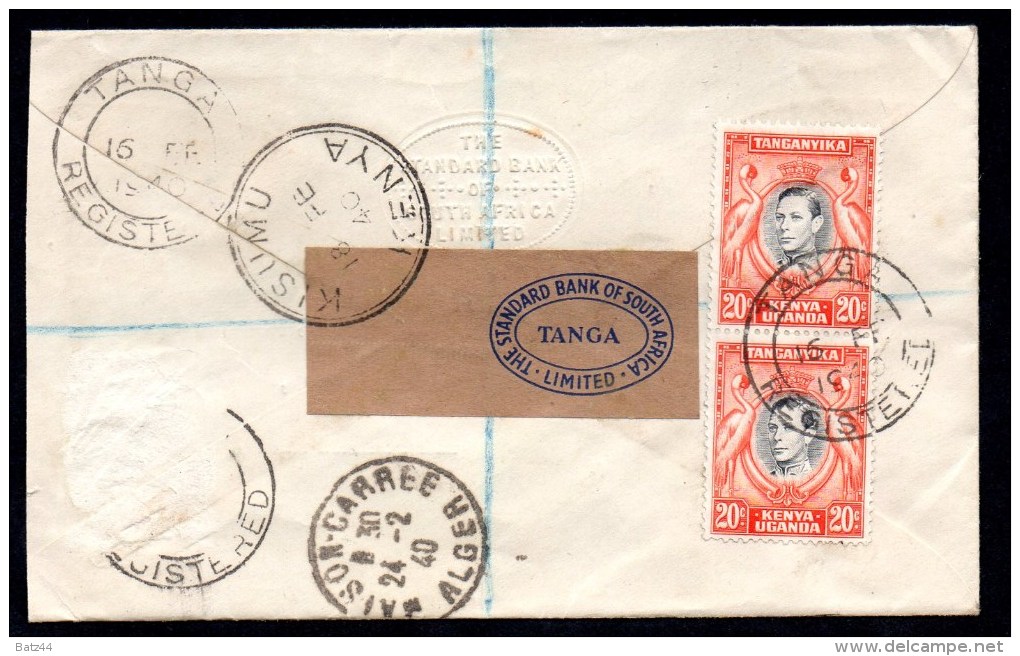 Tanganyika Territory  Enveloppe Cover Tanga 16 02 1940 En Recommandé Registered Pour L' Algérie  Voir Scan - Kenya, Ouganda & Tanganyika