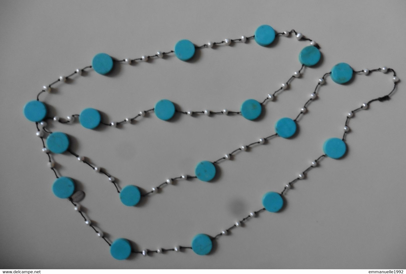 Neuf - Collier Sautoir En Perles Plates Rondes Turquoise Véritable Et Petites Perles D'eau Douce - Chomel - Collane/Catenine