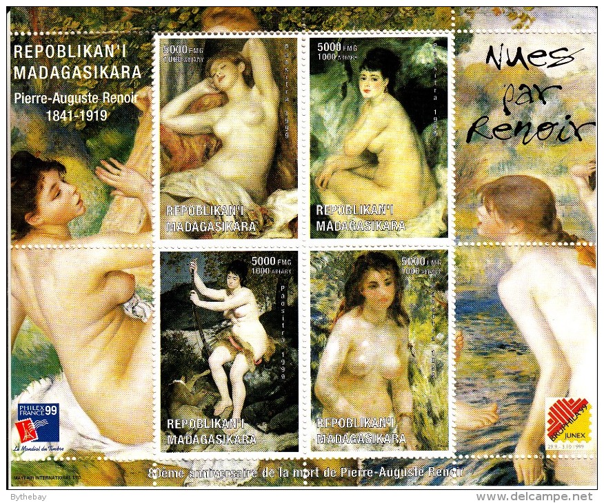 Madagascar MNH 1999 Mini Sheet Of 4 Paintings - Nudes By Renoir Philex France 99 - Filatelistische Tentoonstellingen