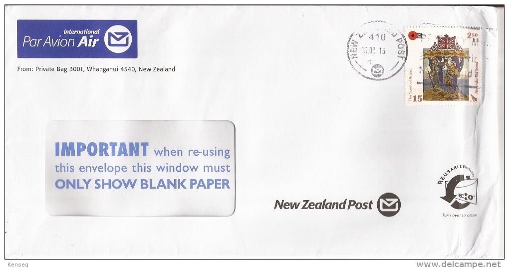 New Zealand 2016 Used Cover - Spirit Of ANZAC - Covers & Documents