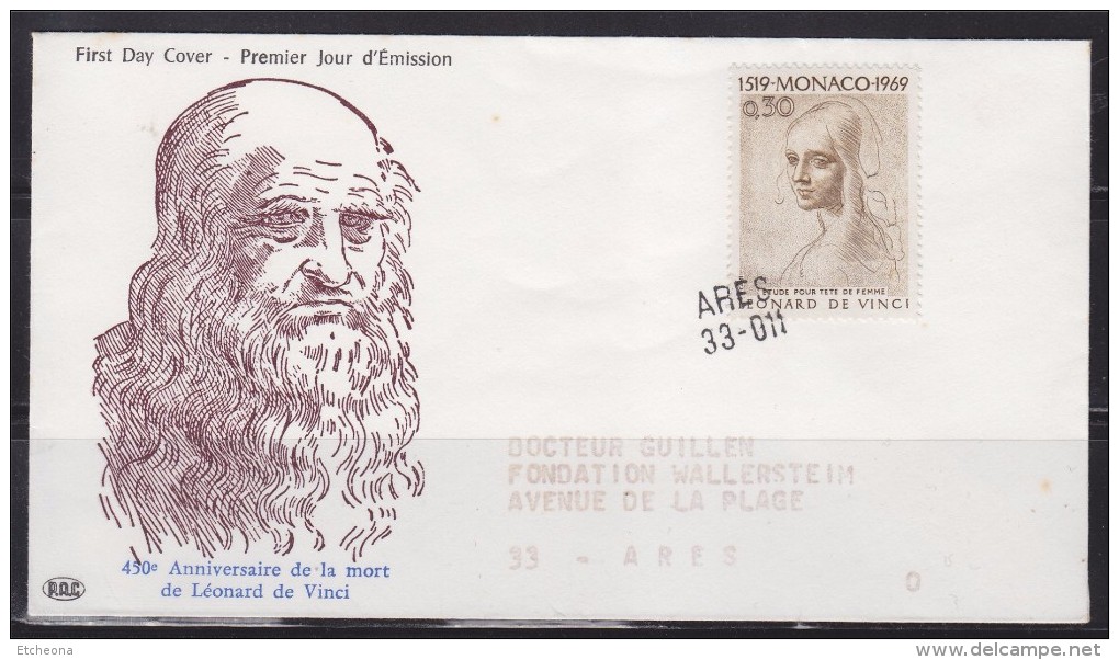 = Monaco Etude Pour Tête De Femme Anniversaire Mort Léonard De Vinci N°799 Oblitération à L'arrivée Arès 33-011 (Gironde - Briefe U. Dokumente