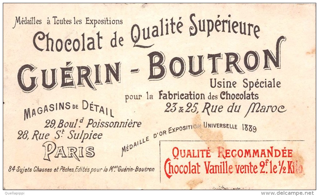 04097 "CHOCOLAT GUERIN-BOUTRON - PARIGI - CACCIA E PESCA" CACCIATORE, CANI,  FIGURINA ORIGINALE - Chocolate