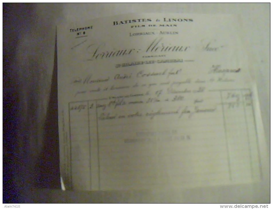 Vieux Papiers Facture Fil De Mains Batiste & Linons Lorriaux..... A St Hylaire Les Cambrais  Annee D Emission 1938 - Autres & Non Classés