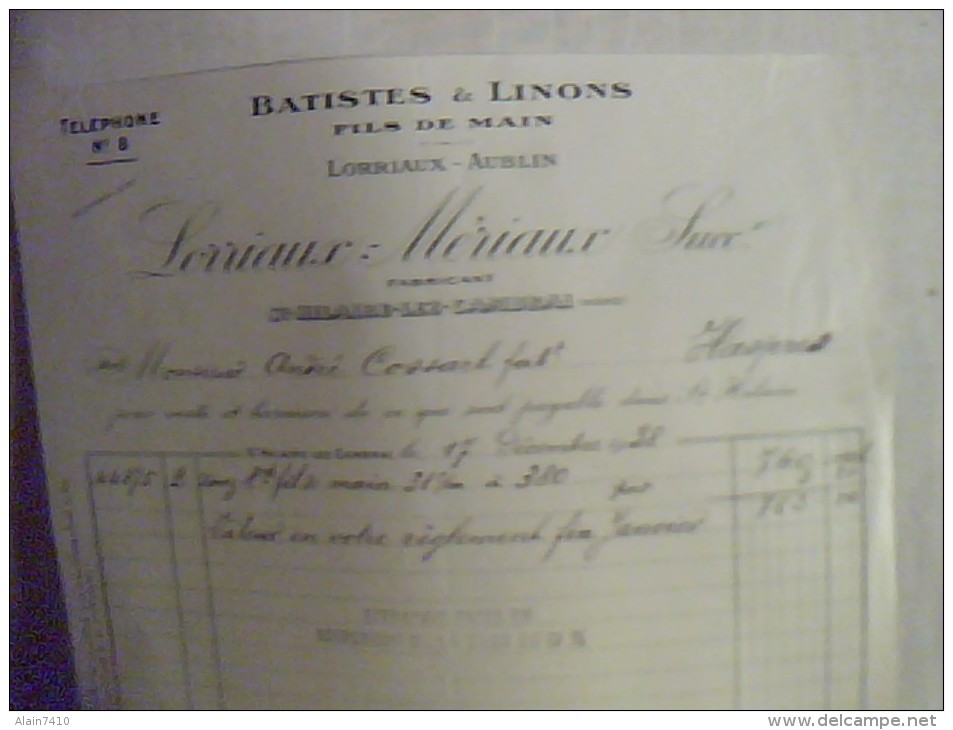 Vieux Papiers Facture Fil De Mains Batiste & Linons Lorriaux..... A St Hylaire Les Cambrais  Annee D Emission 1938 - Autres & Non Classés