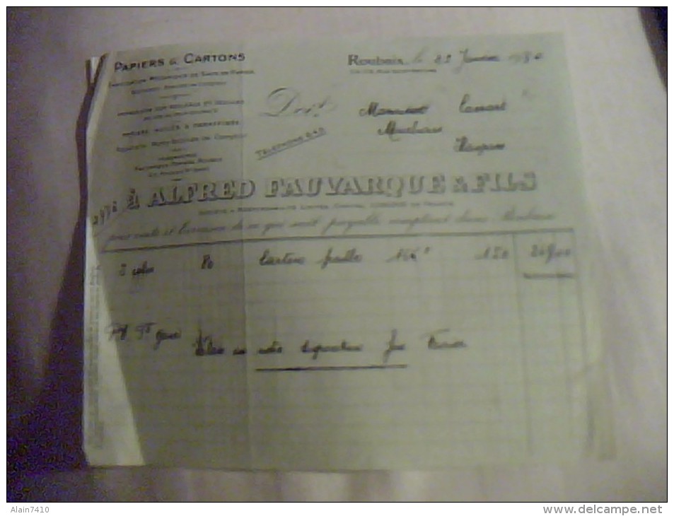 Vieux Papiers Facture Papiers  & Cartons Alfred Fauvarques & Fils A Roubaix Annee D Emission 1930 - Autres & Non Classés