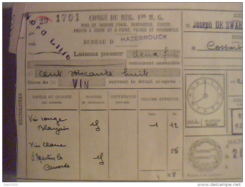 Vieux Papiers J. De Swarte Marchand De Vin  Bon De Livraison De Vin De  Hazebrouck  Via  Haspres Annee 1939 - Autres & Non Classés