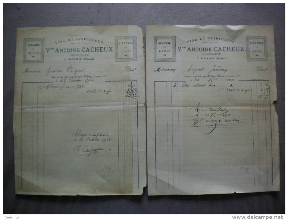 MAING NORD VVE ANTOINE CACHEUX GENIEVRE ET EAU DE VIE LIQUEURS ET SIROPS FACTURES DES 20 7bre ET 25 OCTOBRE 1910 - Factures