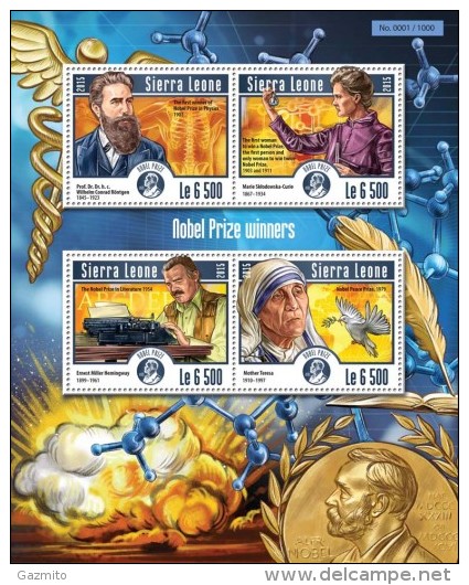 Sierra Leone 2015, Nobel Prices, Mother Teresa, Curie, Heminguay, 4val In BF - Mère Teresa