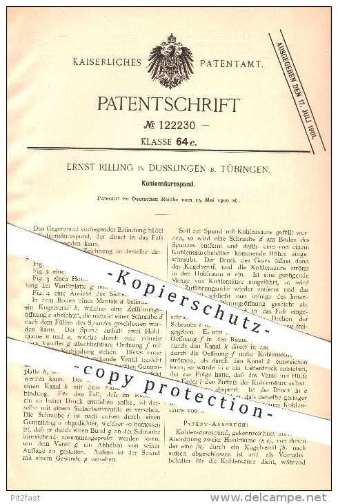 Original Patent - Ernst Rilling , Dusslingen / Tübingen , 1900 , Kohlensäurespund , Kohlensäure , Fass , Fässer !!! - Historische Dokumente