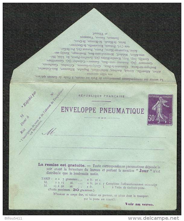 Entier Postal ( 010 ) 30 C Violet  Semeuse. Enveloppe  Pneumatique Neuve - Pneumatiques