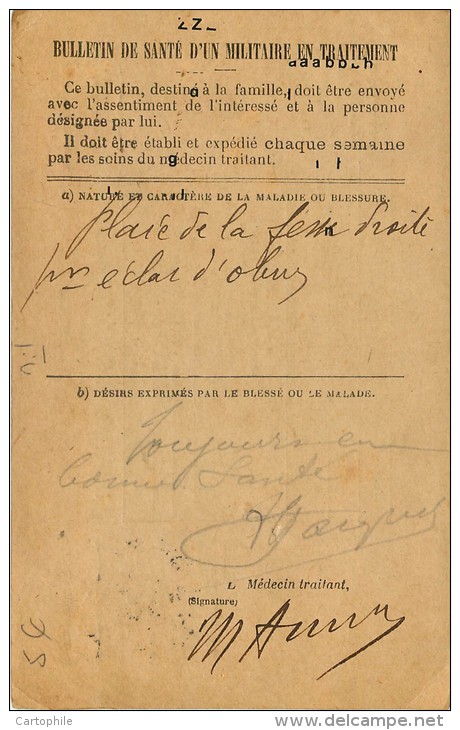 Bulletin De Sante Du Soldat Rouquette En Traitement A&nbsp; Albi - Eclat D'obus - A&nbsp; St Florent S/ Auzonnet  Franch - Weltkrieg 1914-18