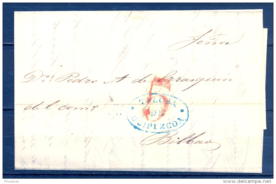 1842 , GUIPÚZCOA , D.P. 11 , CARTA CIRCULADA ENTRE  TOLOSA Y BILBAO , TIZÓN Nº 9 EN AZUL , PORTEO - ...-1850 Prephilately