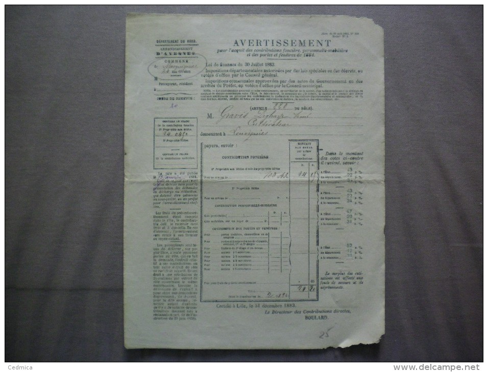 MECQUIGNIES NORD AVERTISSEMENT POUR L'ACQUIT DES TAXES FONCIERES PERSONNELLE MOBILIERE ET DES PORTES ET FENÊTRES DE 1884 - Historische Dokumente