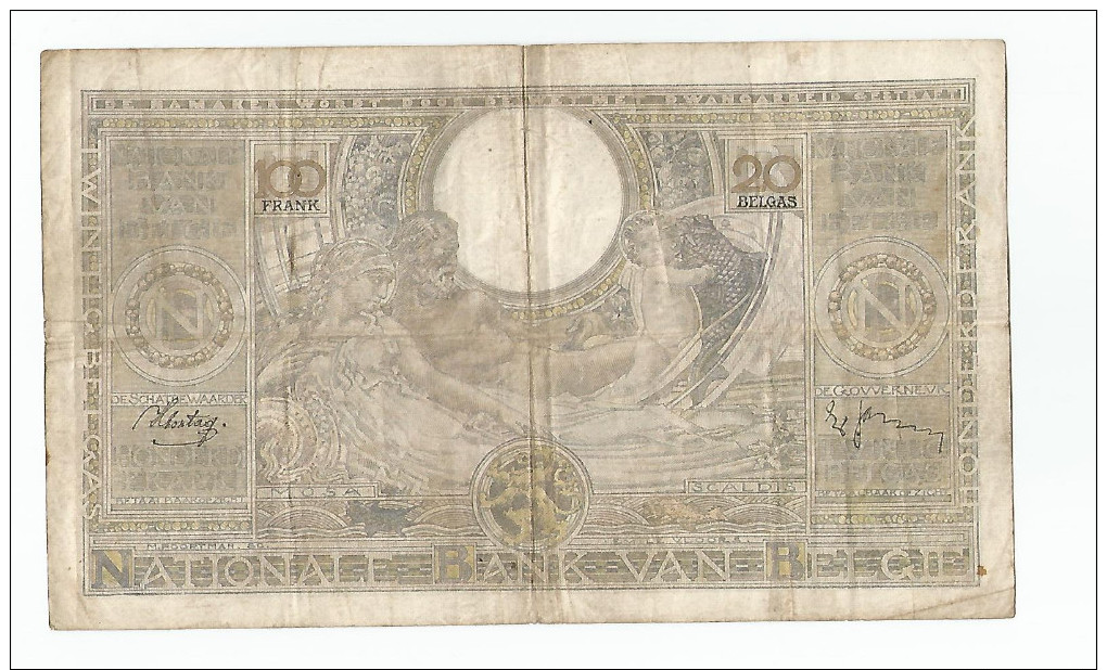 Billet 100 Francs = 20 Belgas Type 1933 Vloors - 100 Francs & 100 Francs-20 Belgas