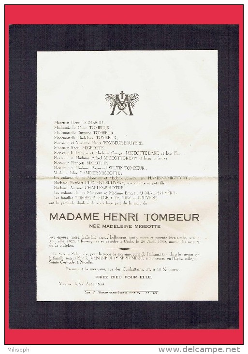 Avis De Décès - Mme Henri TOMBEUR - Née Madeleine MIGEOTTE - Nivelles 1939     (4140) - Overlijden