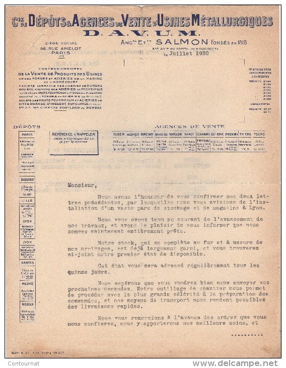 75 PARIS 1930 CIe Des Agences De VENTES D' USINES METALLURGIQUES D.A.V.U.M. SALMON  - Y30 - 1900 – 1949