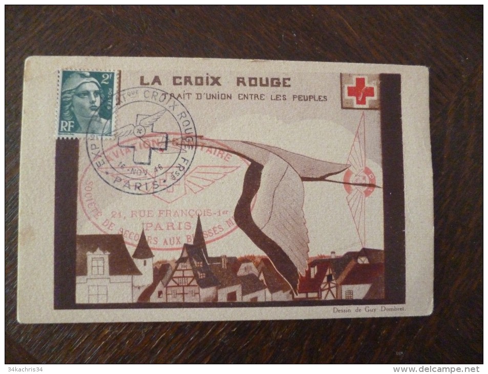 France  Sur CPA Illustrée Par Guy Dombret Cachet Aviation Sanitaire TP 2f Gandon Croix Rouge - Rode Kruis