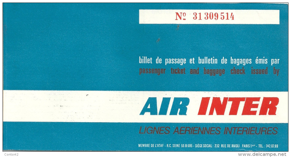 BILLET TICKET AIR INTER AVIATION  PUBLICITE PUB  AIR MARIGNANE ORLY - Europe