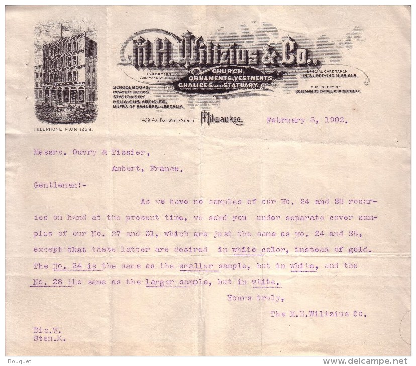 ETATS UNIS - PUY DE DÔME - DE MILWAUKEE A AMBERT - DE M.H. WILTZIUS CO  A MR OUVRY - LETTRE - 1902 - USA