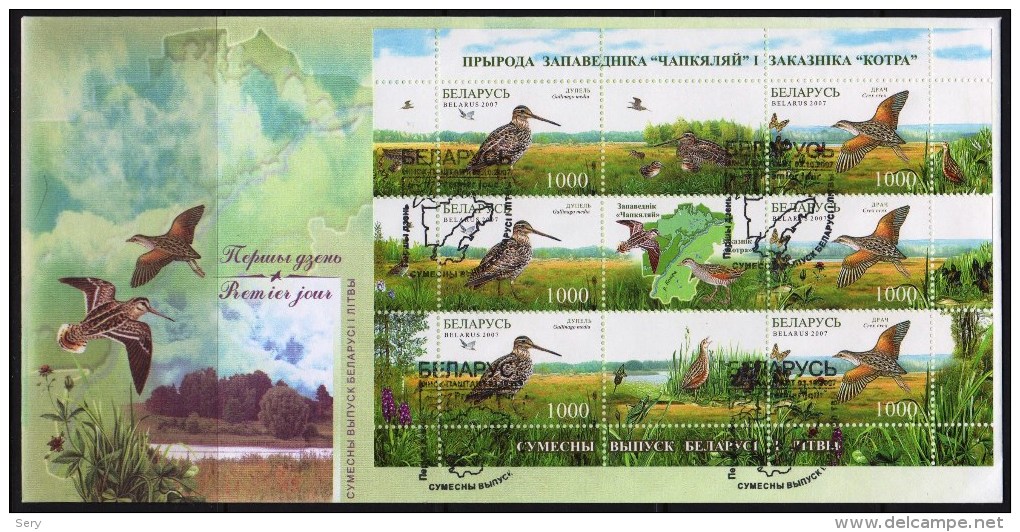 Belarus 2007  FDC Joint Issue With Lithuania Chepkeliai & Kotra Reserve Great Snipe Corncra  Bird Birds Oiseaux Oiseau - Andere & Zonder Classificatie