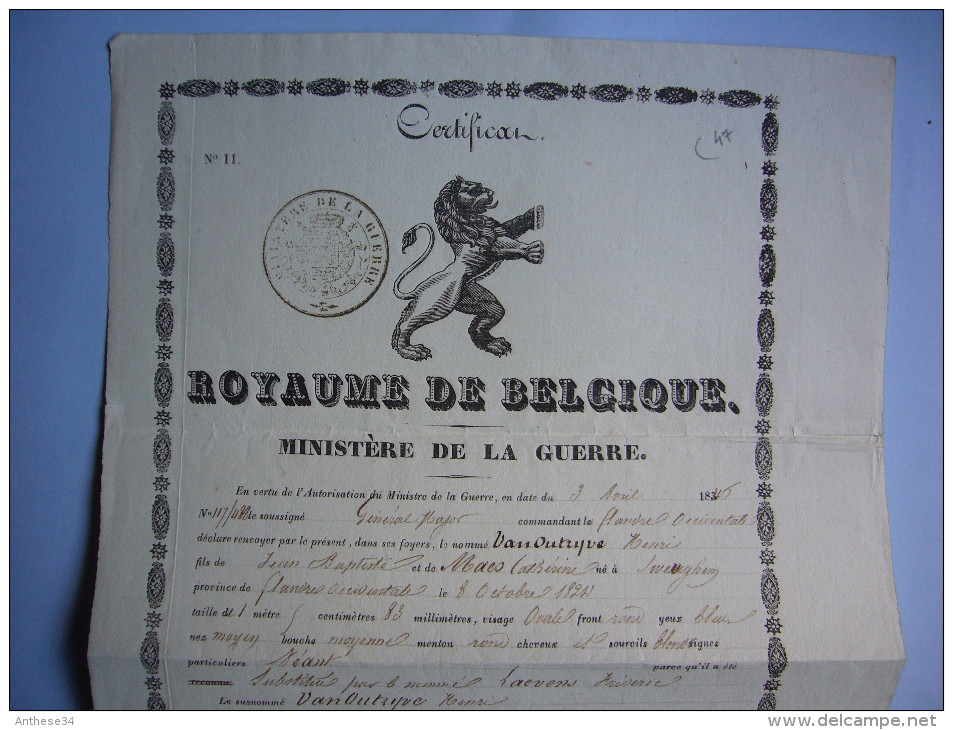 Cetificat Congé 1846 Royaume De Belgique Ministère De La Guerre Van Outryve Henri Né En 1824 - Documents