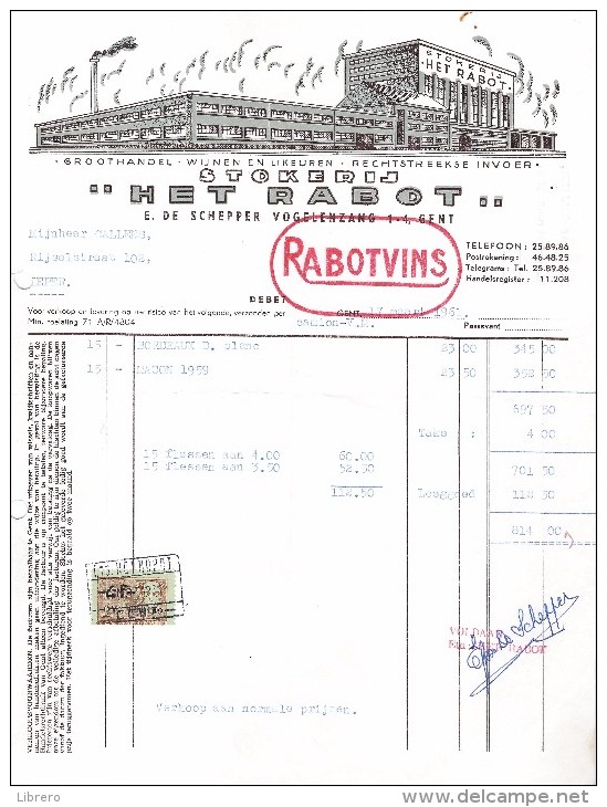 Gent / Stokerij Het Rabot / Groothandel Wijnen En Likeuren / 1961 - Alimentaire