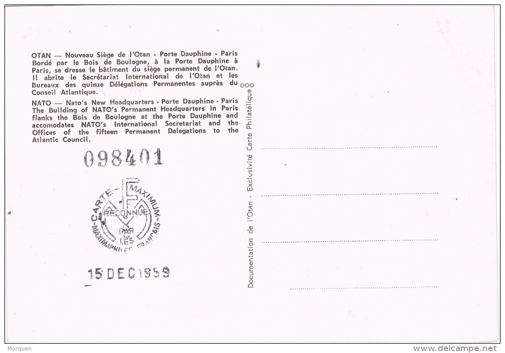 17308. Tarjeta Maxima  PARIS (France) 1959. 10 Anniversaire OTAN - 1950-1959