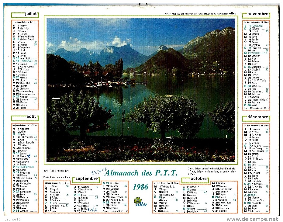 ALMANACH DES P.T.T 1986 (57)  -  Complet ** CHATEAU DE VIZILLE (38) -  LAC D' ANNECY (74) ** Calendrier * OLLER * N°224 - Big : 1981-90