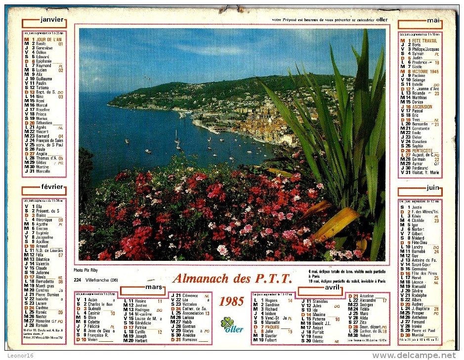 ALMANACH DES P.T.T 1985 (57)  -  Complet ** VILLEFRANCHE (06) -  HORTILLONNAGES (80) ** Calendrier * OLLER * N° 224 - Grossformat : 1981-90