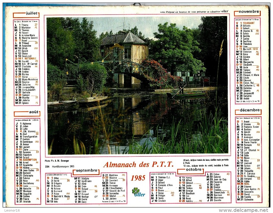 ALMANACH DES P.T.T 1985 (57)  -  Complet ** VILLEFRANCHE (06) -  HORTILLONNAGES (80) ** Calendrier * OLLER * N° 224 - Grossformat : 1981-90