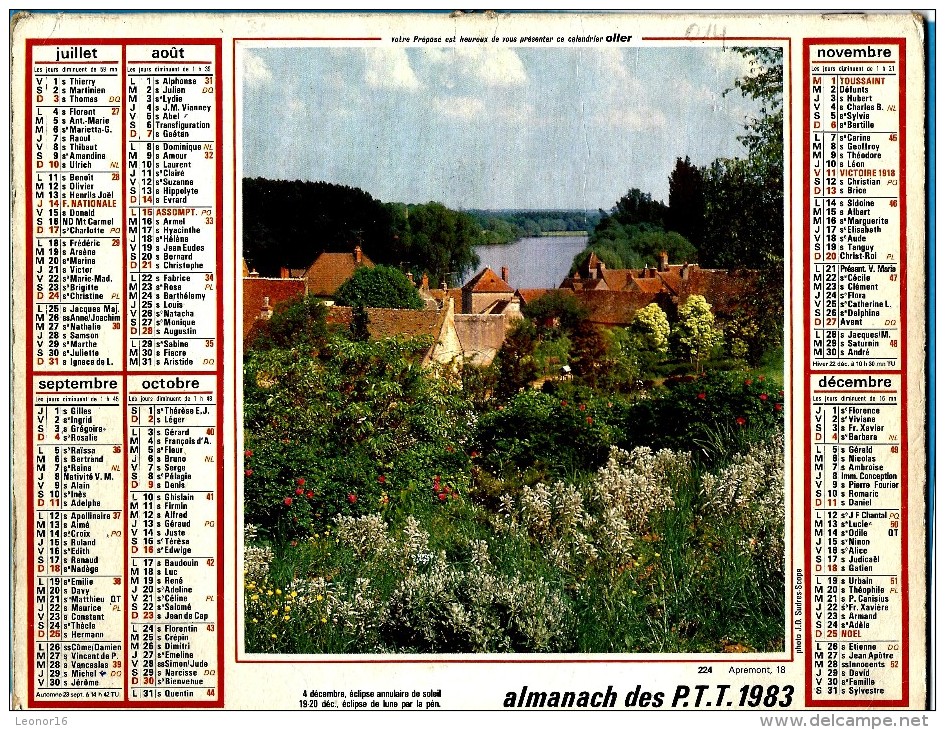 ALMANACH DES P.T.T 1983 (88)  -  Complet ** AUXERRE  (89) -  APREMONT (18) ** Calendrier * OLLER * N° 224 - Tamaño Grande : 1981-90