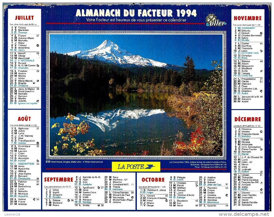 ALMANACH DES P.T.T 1994 (57)  -  Complet ** VALLEE DE MANIGOD (74) - MONT HOOD (OREGON) ** Calendrier * OLLER * N° 218 - Grand Format : 1991-00