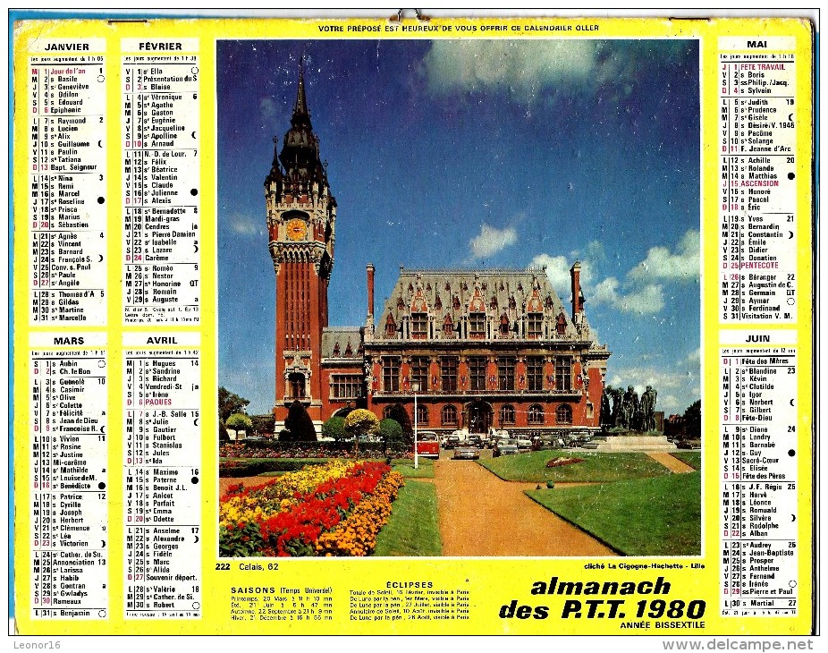 ALMANACH DES P.T.T 1980 (57)  -  Complet ** CALAIS (62) - DAMBACH LA VILLE (67) ** Calendrier * OLLER * N° 222 - Grand Format : 1991-00