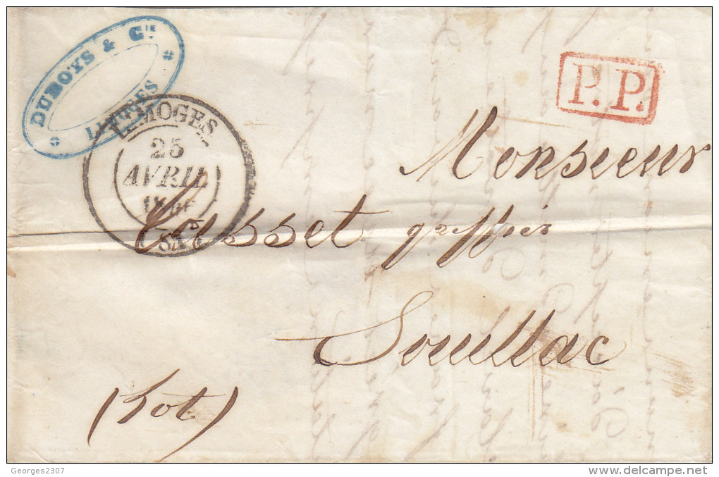 France:  Lettre Cachet A Date Type 13  Limoge A Souillac -au Dos Cachet Type 12 A Fleuron - Port Payé Rouge - 26/04/1844 - 1801-1848: Precursors XIX