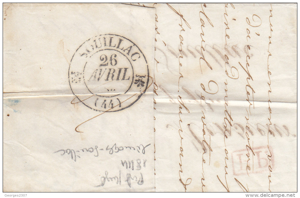 France:  Lettre Cachet A Date Type 13  Limoge A Souillac -au Dos Cachet Type 12 A Fleuron - Port Payé Rouge - 26/04/1844 - 1801-1848: Precursors XIX