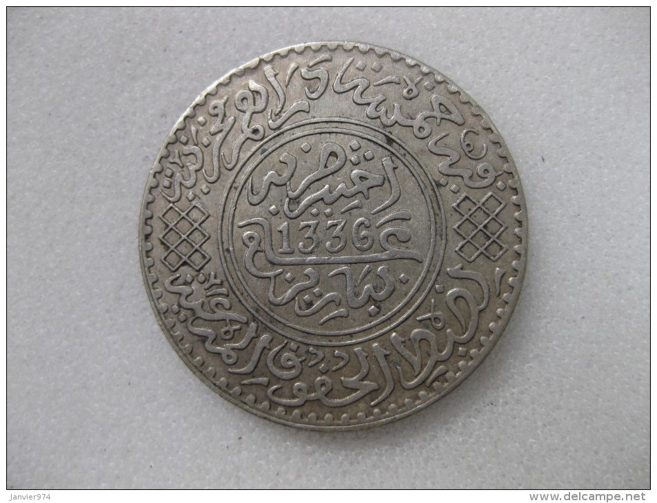 Maroc, Protectorat Française. 5 Dirhams (1/2 Rial) AH 1336 Paris. Yussef I. ARGENT - Marruecos