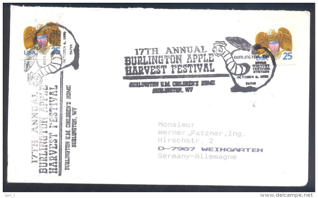 USA 1990 Cover; Fruits Obst Fruit; Apple Äpfel Pommes; Obstmarkt; Burlington Apple Harvest Festival; Worm Wurm - Obst & Früchte