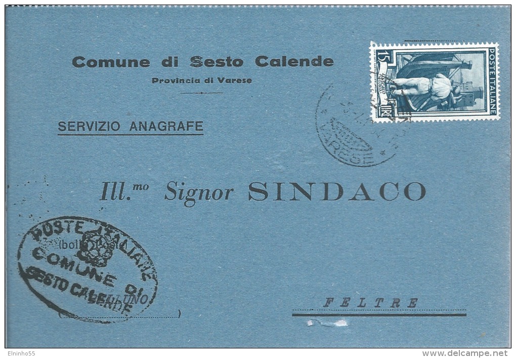 1954 Cartolina Postale Comunale L. 15 Italia Al Lavoro - Uso Singolo Da Sesto Calende (Varese) - 1946-60: Marcophilie