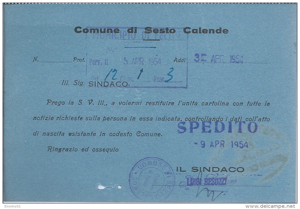 1954 Cartolina Postale Comunale L. 15 Italia Al Lavoro - Uso Singolo Da Sesto Calende (Varese) - 1946-60: Marcophilie