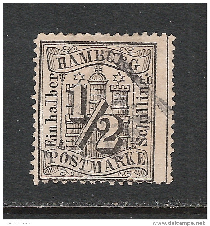 HAMBURG (Germania) - 1864/65 - Valore Usato Da 1/2 S. Nero Con Dent. 13, 1/2 - Stemma - In Buone Condizioni - Hambourg
