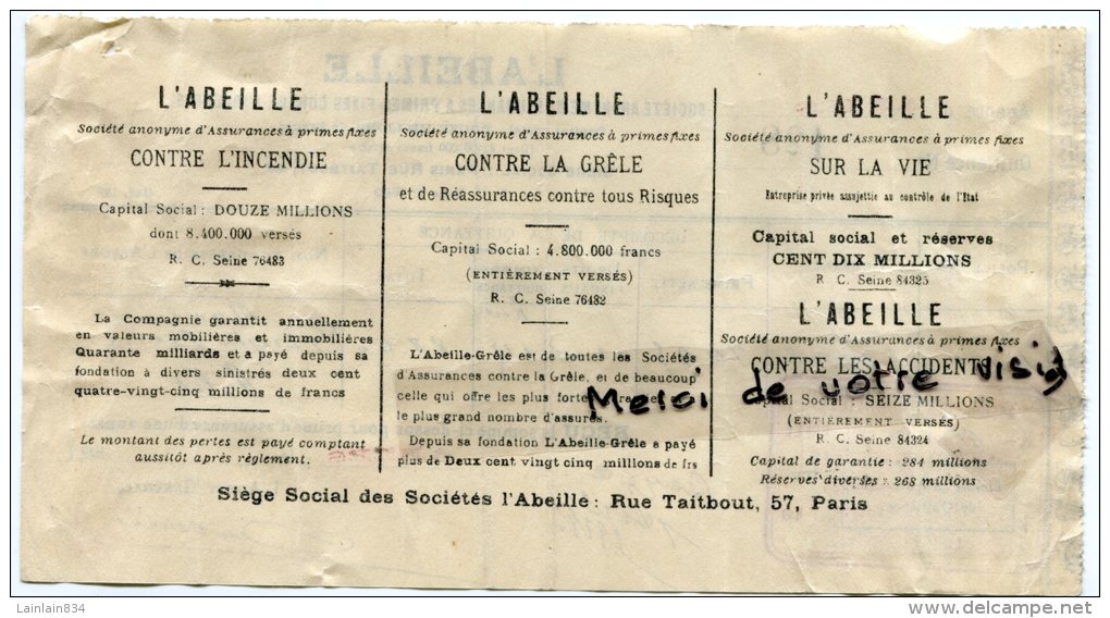 - Quittance Assurances L'Abeille, Agence D'Arles, 1928, Timbre Fiscal De 25c, Pierre Pagés, TBE, Scans. - Banco & Caja De Ahorros