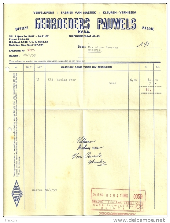 België 1959 Fiscaal Zegel / Deinze &gt;&gt; Poesele / Pauwels Verf Peinture Paint / 2 Scan - Documents