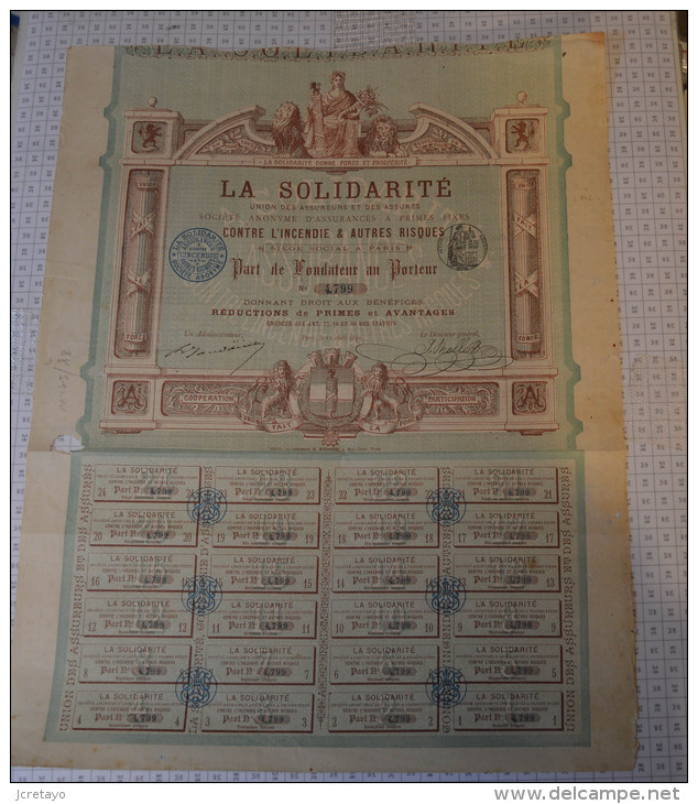 La Solidarité, Assurances Contre L'incendie Et Autres Risques, Part De Fondateur - Banque & Assurance