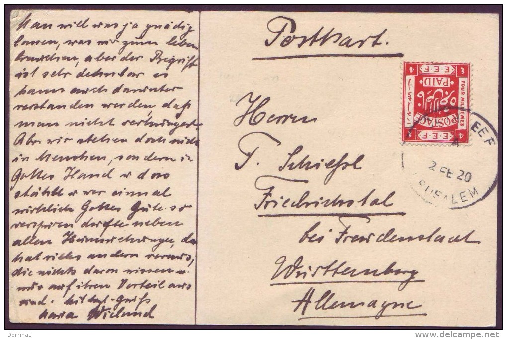 Israel Palestine Jerusalem Postcard Send To Germany Wirh British Mandat EEF 4m Stamp 1920  C - Palästina