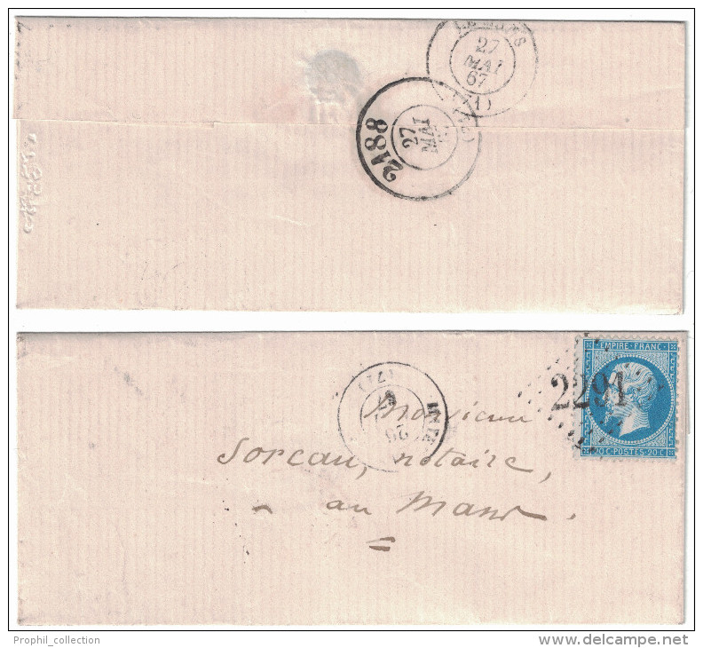 1867 Lettre LSC Avec GC 2291 De Mayet-Sarthe + Cad Bureau De Passe 2188 Le Mans Napoléon N°22 Pour Le Mans - 1849-1876: Période Classique